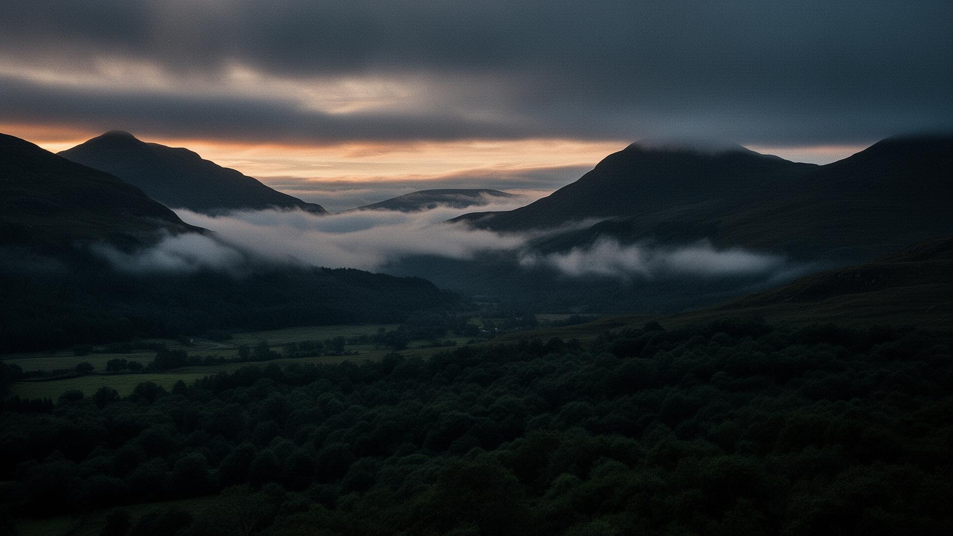Misty Scottish highlands at dawn